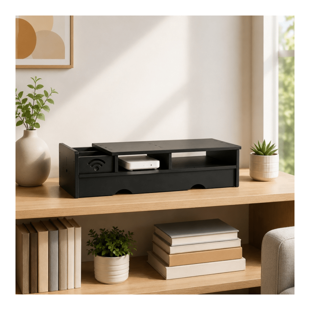 Office Tech Desk - Schwarze Matte WLAN-Router-Aufbewahrungsbox Kompakter Schreibtisch-Organizer für